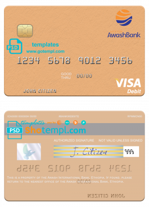editable template, Ethiopia Awash International Bank visa debit card template in PSD format