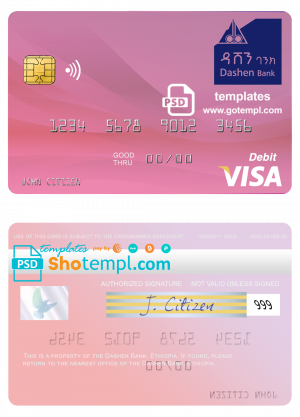 editable template, Ethiopia Dashen Bank visa debit credit card template in PSD format