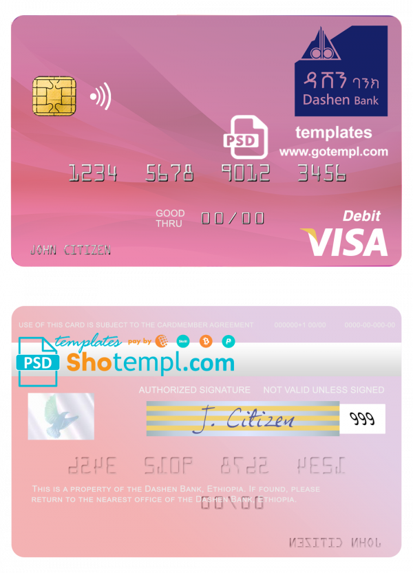 editable template, Ethiopia Dashen Bank visa debit credit card template in PSD format