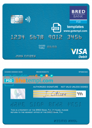 editable template, Fiji BRED Bank visa debit credit card template in PSD format