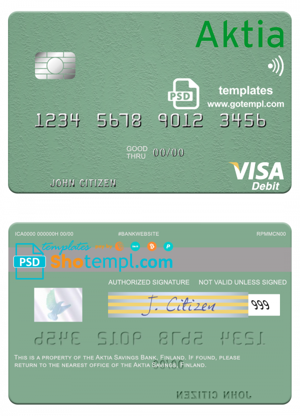 editable template, Finland Aktia Savings Bank visa debit card template in PSD format, fully editable