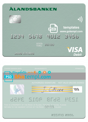editable template, Finland Bank of Aland visa debit credit card template in PSD format