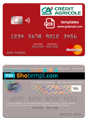 editable template, France Credit Agricole Bank mastercard credit card template in PSD format
