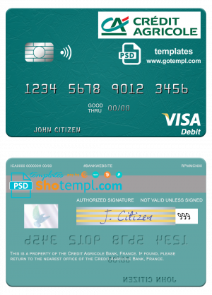 editable template, France Credit Agricole Bank visa debit card template in PSD format