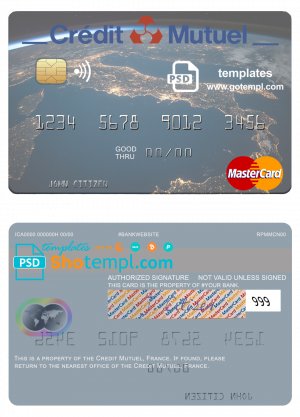 editable template, France Credit Mutuel Bank mastercard credit card template in PSD format