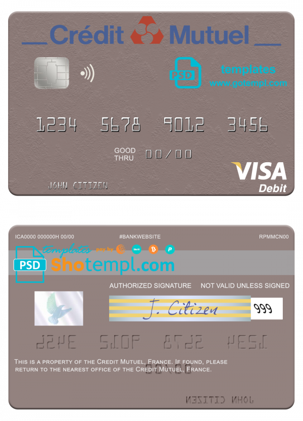 editable template, France Credit Mutuel Bank visa debit credit card template in PSD format