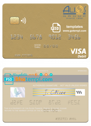 editable template, Gabon Alios France visa debit card template in PSD format