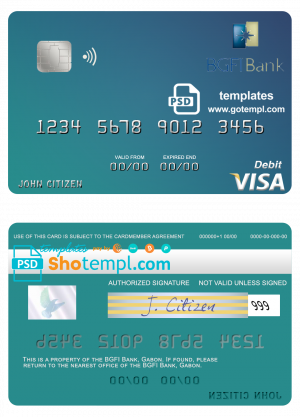 editable template, Gabon BGFI Bank visa debit card template in PSD format