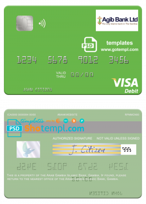 editable template, Gambia Arab Gambia Islamic Bank visa debit card template in PSD format
