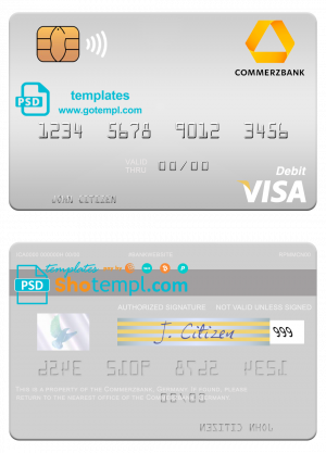 editable template, Germany Commerz Bank visa debit card template in PSD format