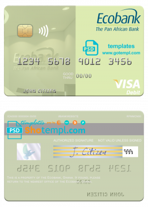 editable template, Ghana Ecobank Ghana visa debit card template in PSD format