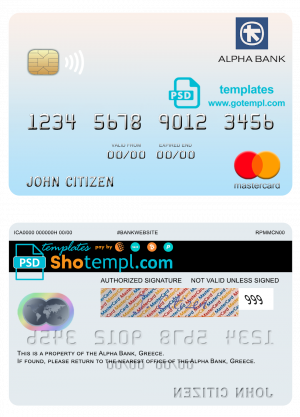editable template, Greece Alpha Bank mastercard template in PSD format