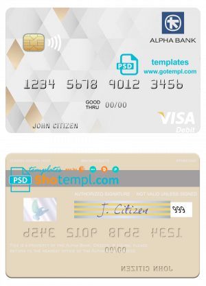 editable template, Greece Alpha Bank visa debit card template in PSD format