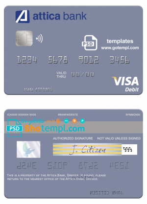 editable template, Greece Attica Bank visa card fully editable template in PSD format
