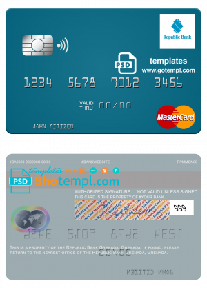 editable template, Grenada Republic Bank mastercard fully editable template in PSD format
