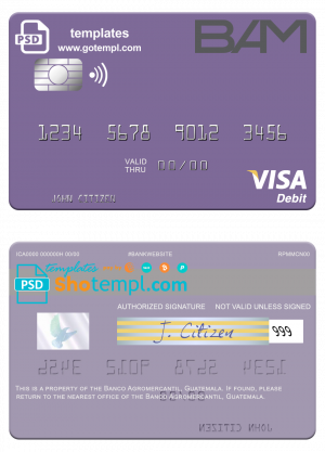 editable template, Guatemala Banco Agromercantil visa card fully editable template in PSD format