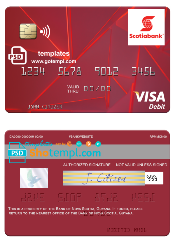 editable template, Guyana Bank of Nova Scotia visa card fully editable template in PSD format