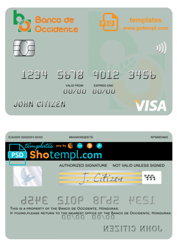 editable template, Honduras Banco de Occidente visa card fully editable template in PSD format