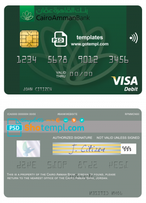editable template, Jordan Cairo Amman Bank visa card fully editable template in PSD format