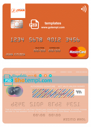 editable template, Kazakhstan First Heartland Jýsan Bank mastercard fully editable template in PSD format