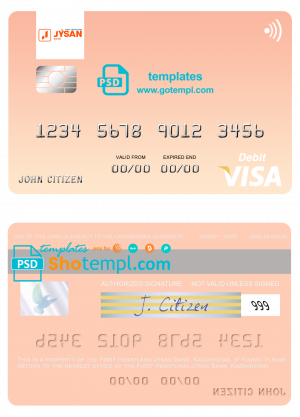 editable template, Kazakhstan First Heartland Jýsan Bank visa card fully editable template in PSD format
