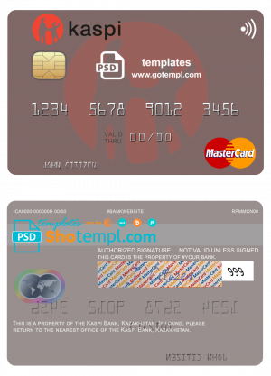 editable template, Kazakhstan Kaspi Bank mastercard fully editable credit card template in PSD format