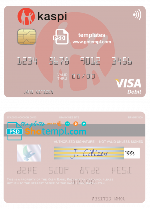 editable template, Kazakhstan Kaspi Bank visa card fully editable template in PSD format