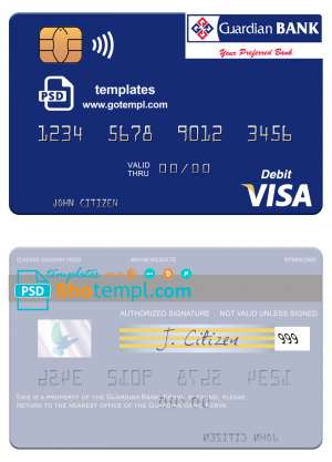 editable template, Kenya Guardian Bank visa card fully editable template in PSD format