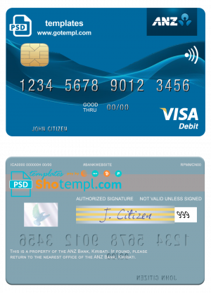 editable template, Kiribati ANZ Bank visa card fully editable template in PSD format