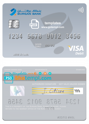editable template, Kuwait Burgan Bank visa card fully editable template in PSD format