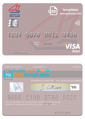 editable template, Kuwait Gulf Bank visa card fully editable template in PSD format