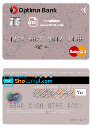 editable template, Kyrgyzstan Optima Bank mastercard fully editable template in PSD format