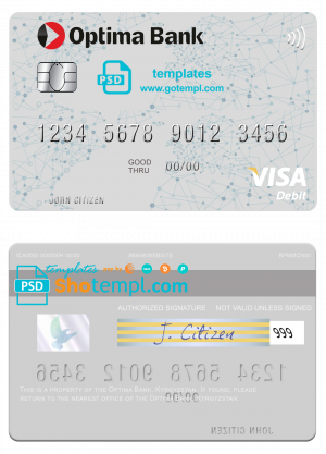 editable template, Kyrgyzstan Optima Bank visa card fully editable template in PSD format