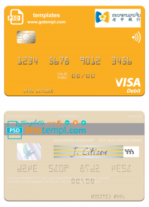 editable template, Laos Lao China Bank visa card fully editable template in PSD format