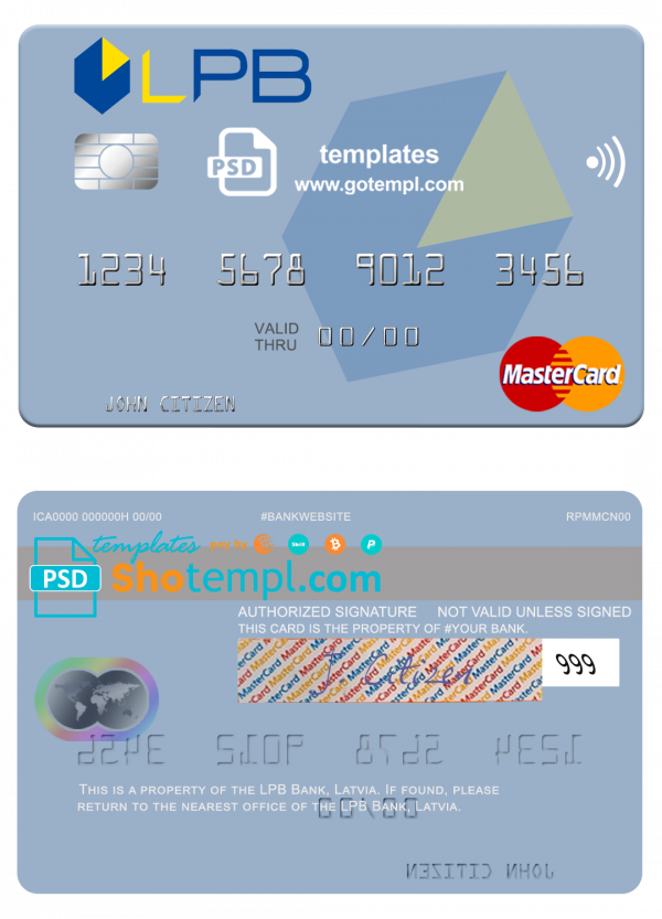 editable template, Latvia LPB Bank mastercard fully editable credit card template in PSD format