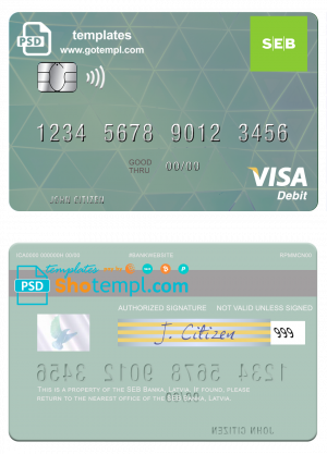 editable template, Latvia SEB Bank visa card fully editable template in PSD format