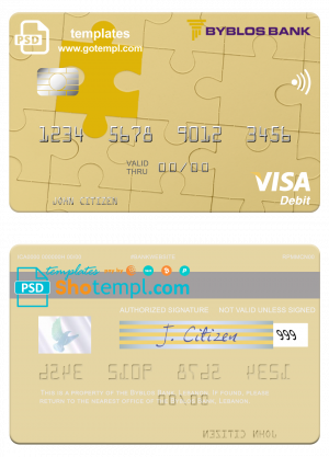 editable template, Lebanon Byblos Bank visa card fully editable template in PSD format