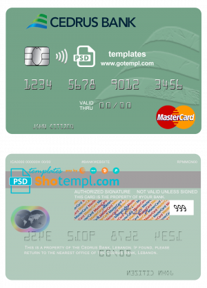 editable template, Lebanon Cedrus Bank mastercard fully editable credit card template in PSD format