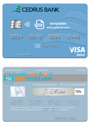 editable template, Lebanon Cedrus Bank visa card fully editable template in PSD format