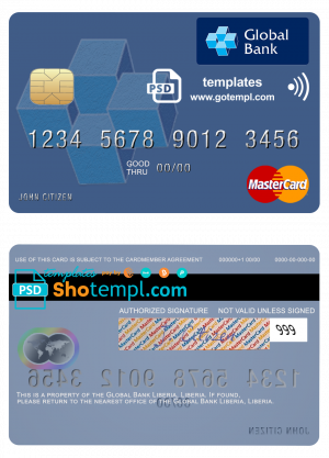 editable template, Liberia Global Bank mastercard fully editable credit card template in PSD format