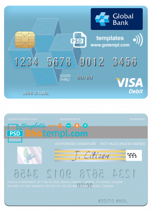 editable template, Liberia Global Bank visa card fully editable template in PSD format