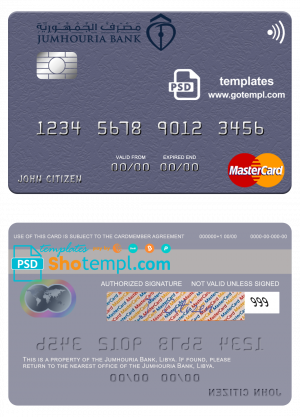 editable template, Libya Jumhouria Bank mastercard fully editable credit card template in PSD format