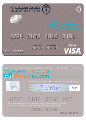 editable template, Libya Jumhouria Bank visa card fully editable template in PSD format