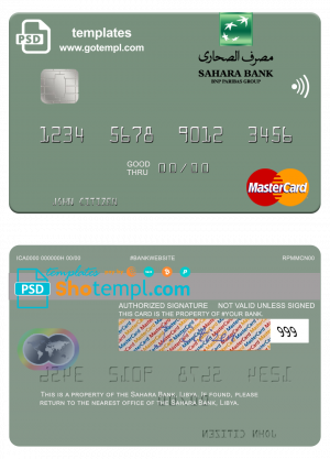 editable template, Libya Sahara Bank mastercard fully editable credit card template in PSD format