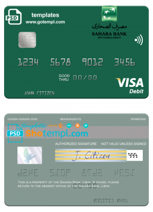 editable template, Libya Sahara Bank visa card fully editable template in PSD format