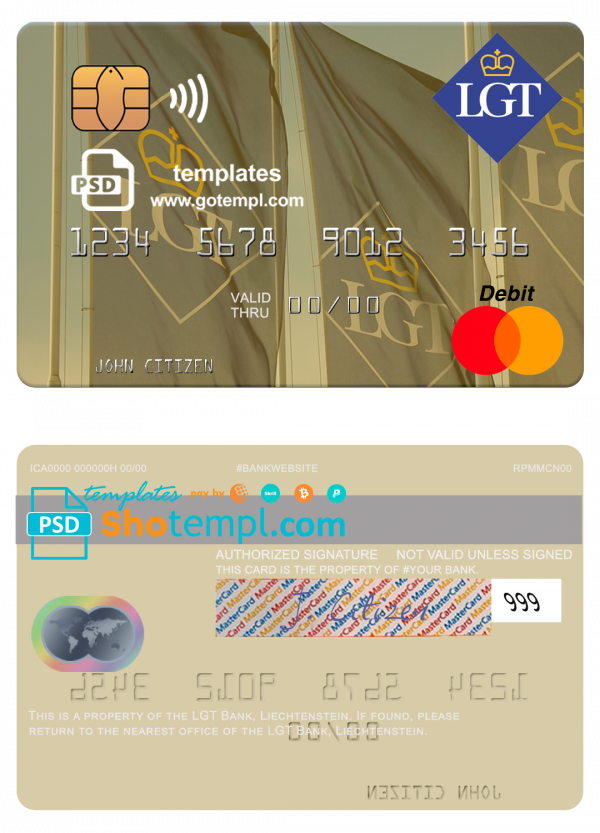 editable template, Liechtenstein LGT Bank mastercard fully editable credit card template in PSD format
