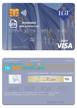 editable template, Liechtenstein LGT Bank visa card fully editable template in PSD format
