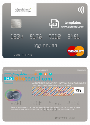 editable template, Liechtenstein Valartis Bank mastercard fully editable credit card template in PSD format