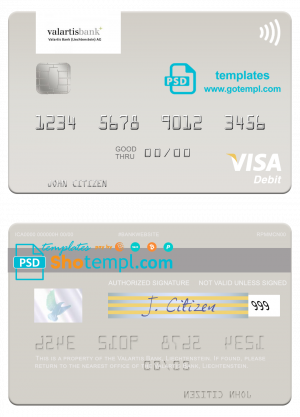 editable template, Liechtenstein Valartis Bank visa card fully editable template in PSD format