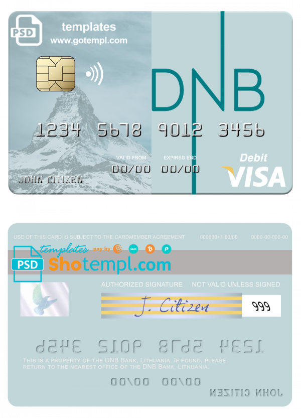 editable template, Lithuania DNB Bank visa card fully editable template in PSD format